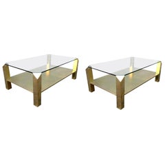 Pair of 1970s Rectangular Brass Coffee Tables with Glass Top