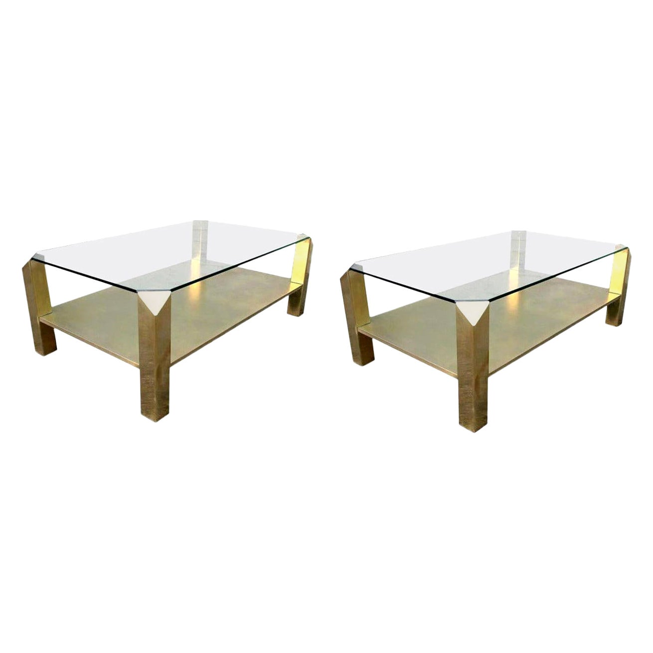 Pair of Custom Rectangular Brass Coffee Tables with Glass Top For Sale