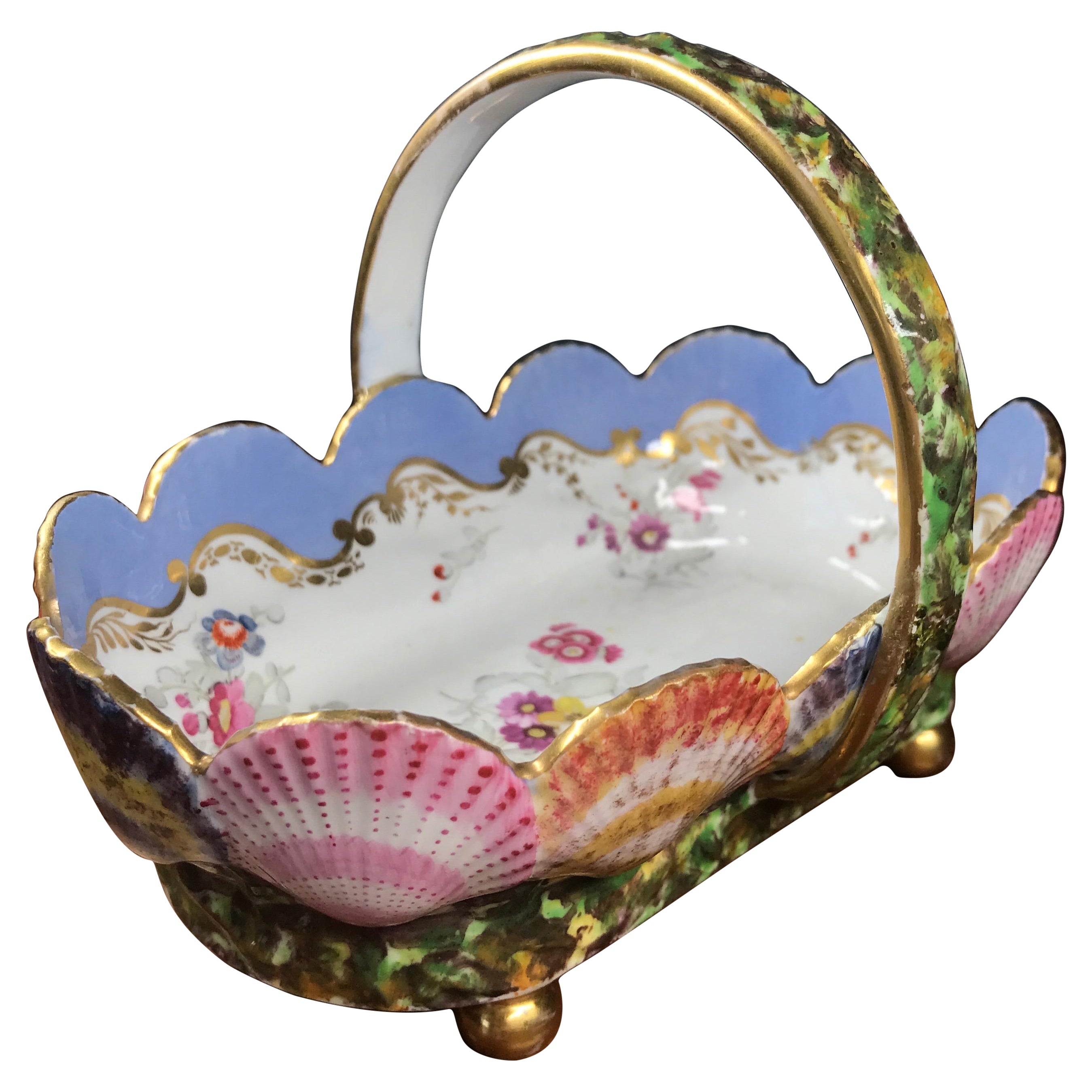 Rare Spode 'Cockle Shell' Basket, Flower Sprays Pat. 2234, C. 1820 For Sale