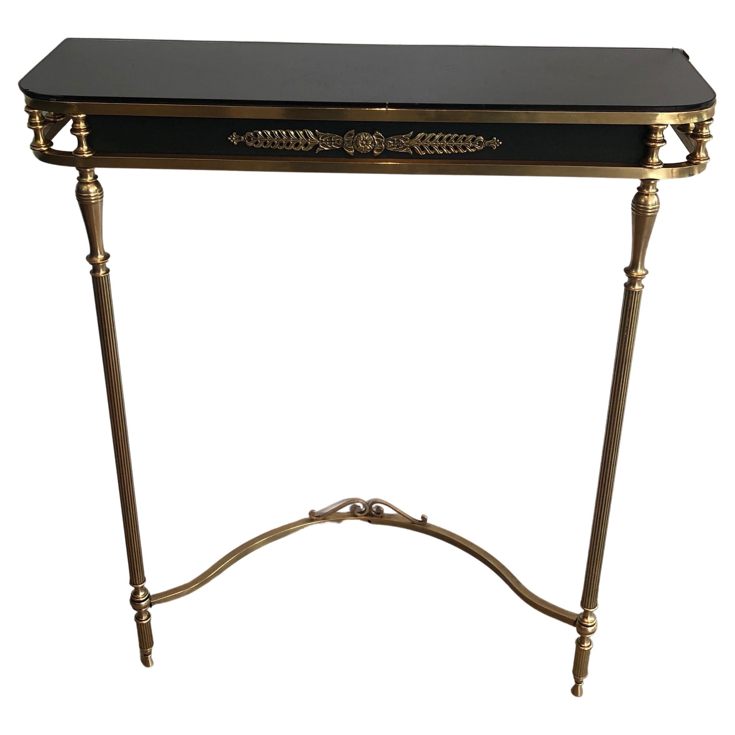 Neoclassical Style Brass and Lacquered Metal Console with Blueish Glass Decorate