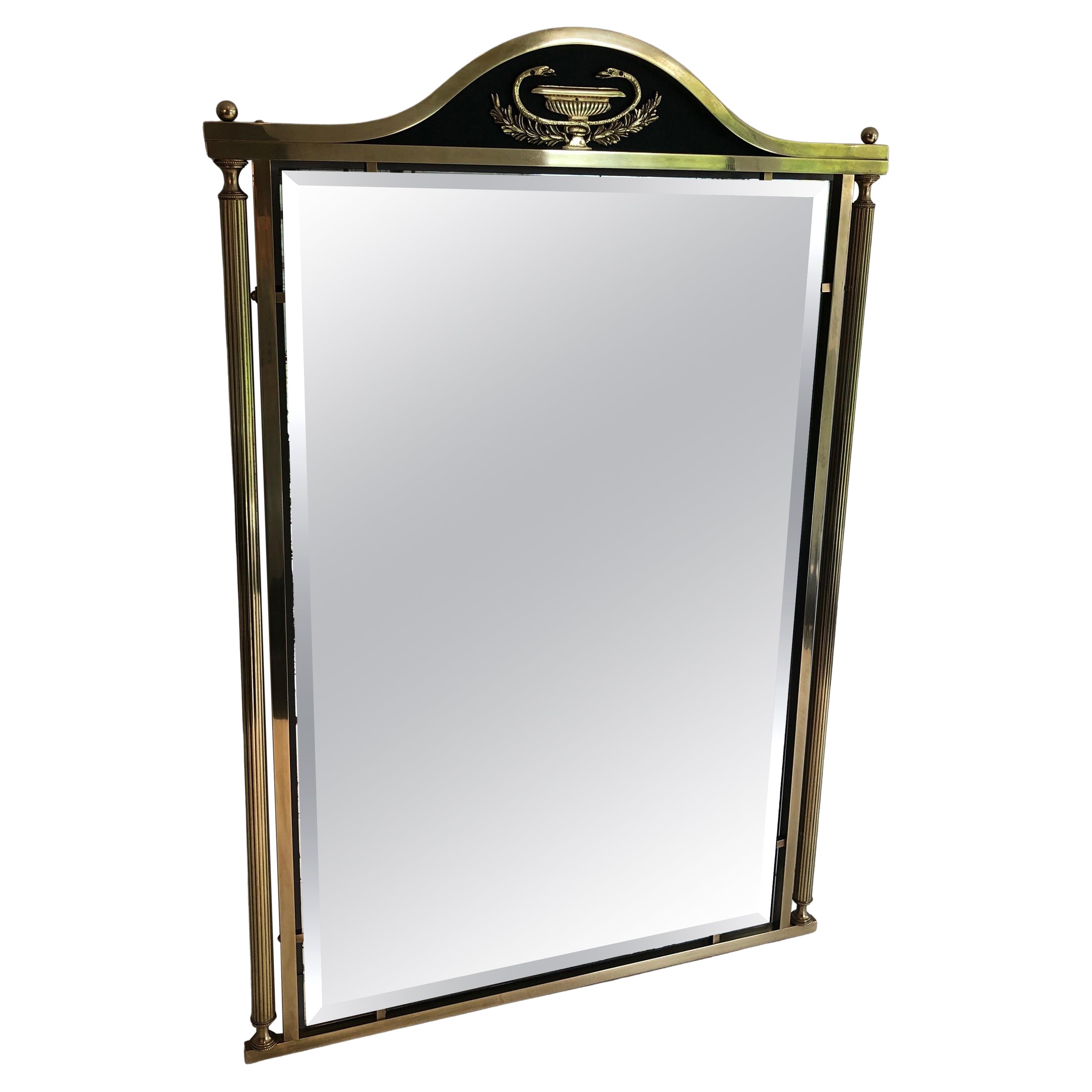 Neoclassical Style Brass and Lacquered Metal Mirror with Cup and Swan Necks. For Sale
