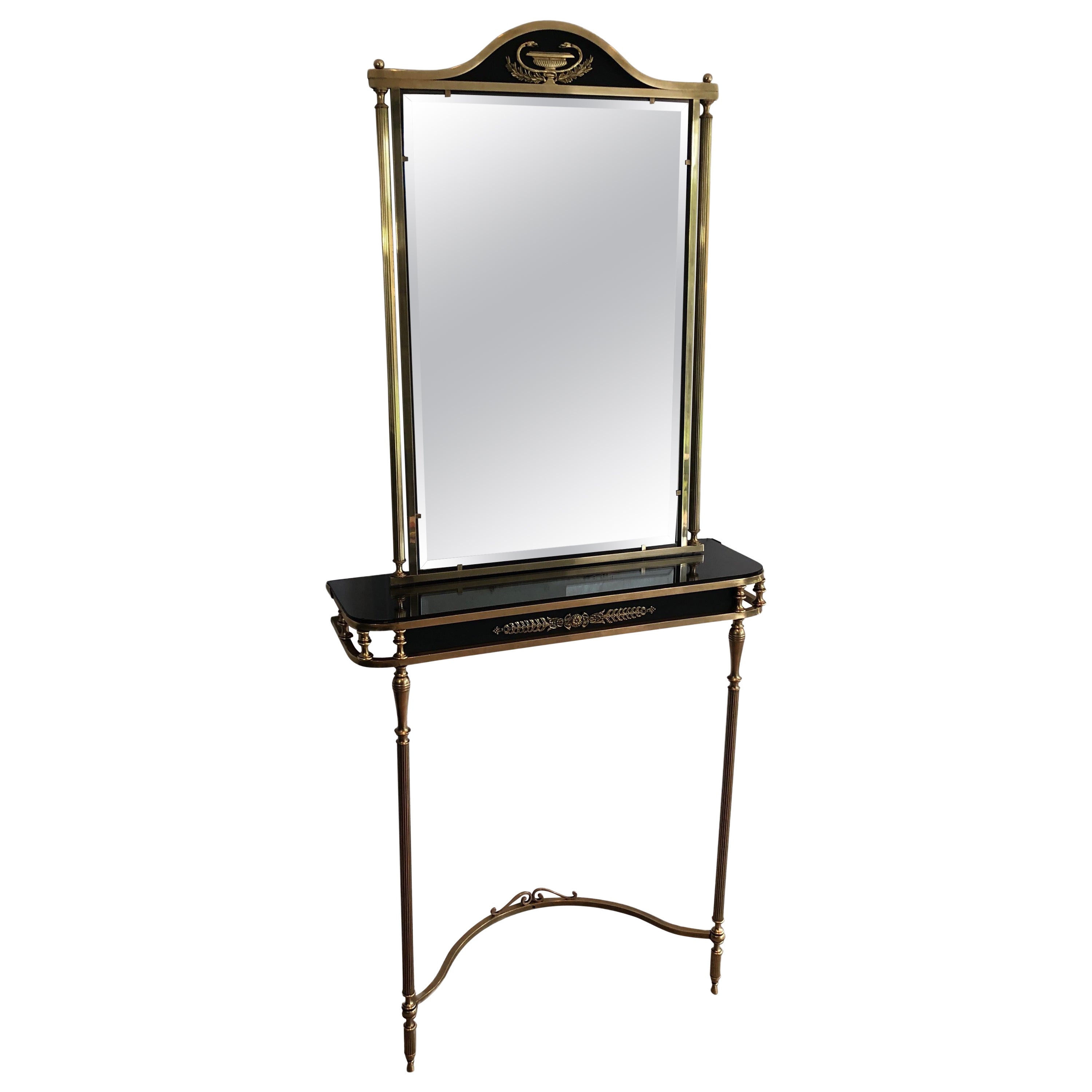 Neoclassical Style Brass and Lacquered Metal Console and Mirror Decorated with P