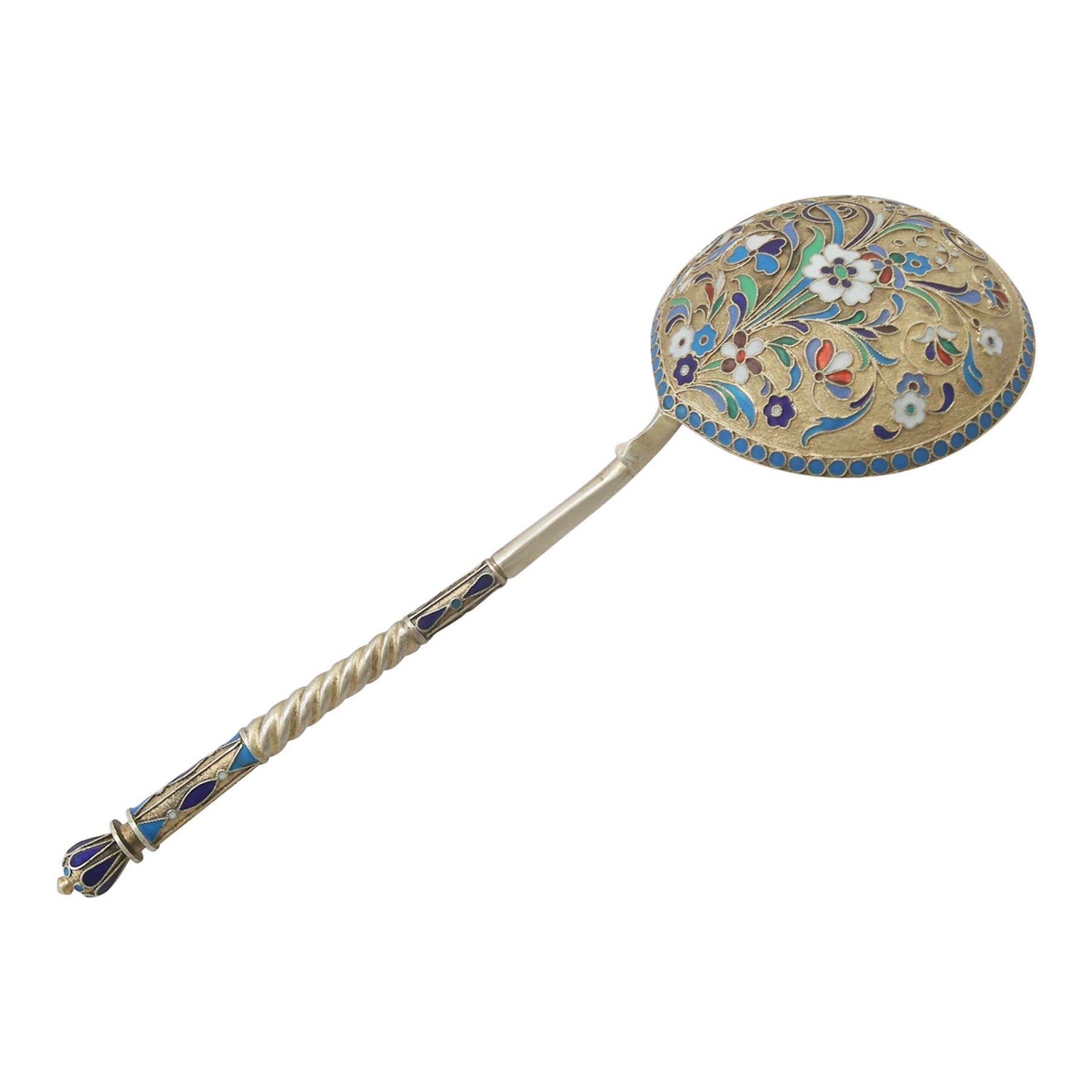 An exceptional, Fine and impressive large antique Russian silver gilt and polychrome cloisonné enamel spoon; an addition to our Russian silverware collection.

This exceptional antique Russian silver spoon has a large circular bowl onto a shaped