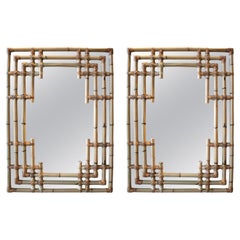 Pair of 1990s Spanish Hand Woven Bamboo Wall Mirrors