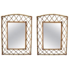 Pair of 1990s Spanish Hand Woven Bamboo Wall Mirrors