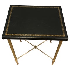 In the Style of Maison Jansen, Small Brass and Gold-Trimmed Leather Side Table