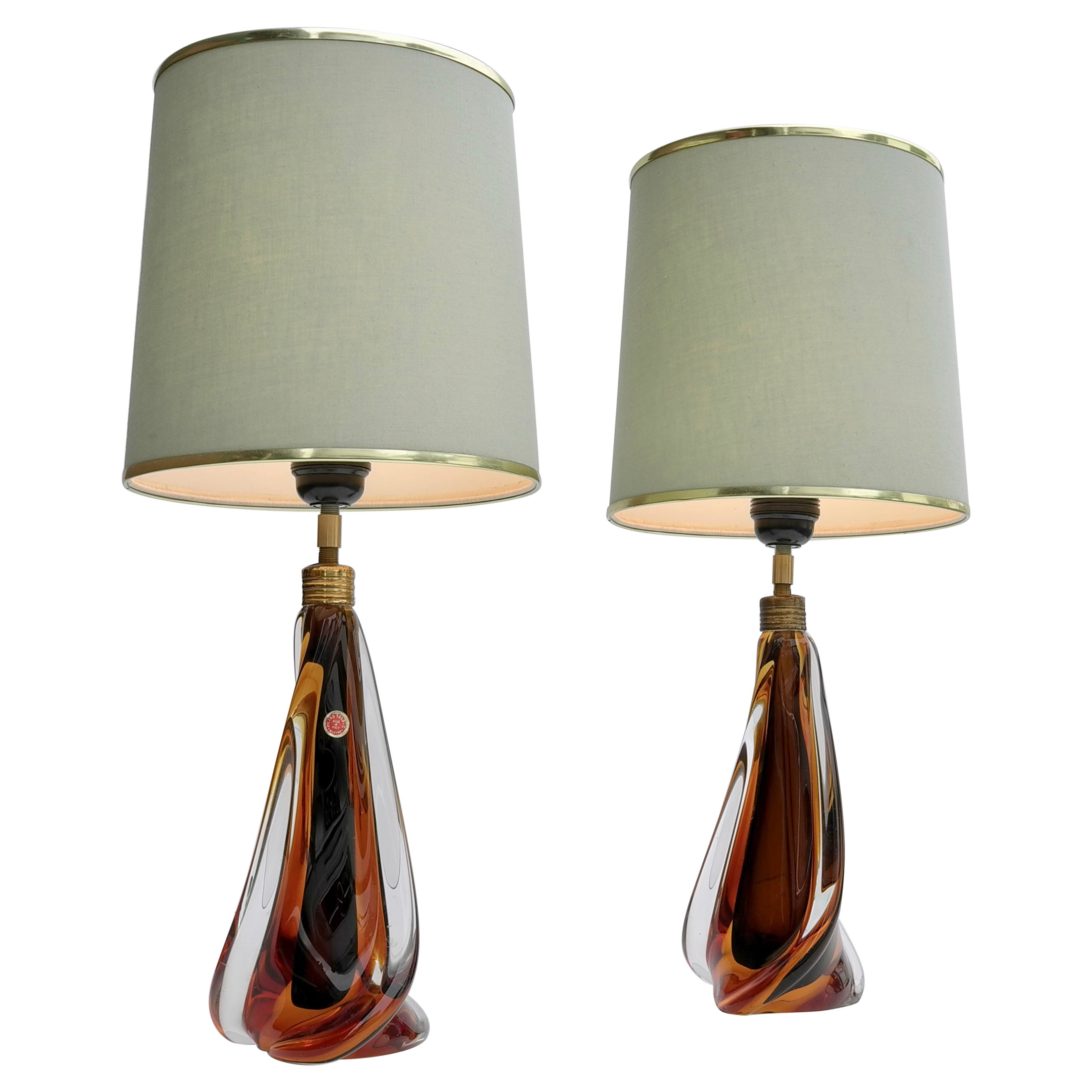 Pair of Murano table lamps by Pietro Toso & Co in Amber Glass, Italy 1950's For Sale