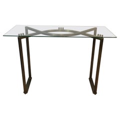 Brushed Steel and Brass Console Table with Glass Shelves, French, Circa 1970