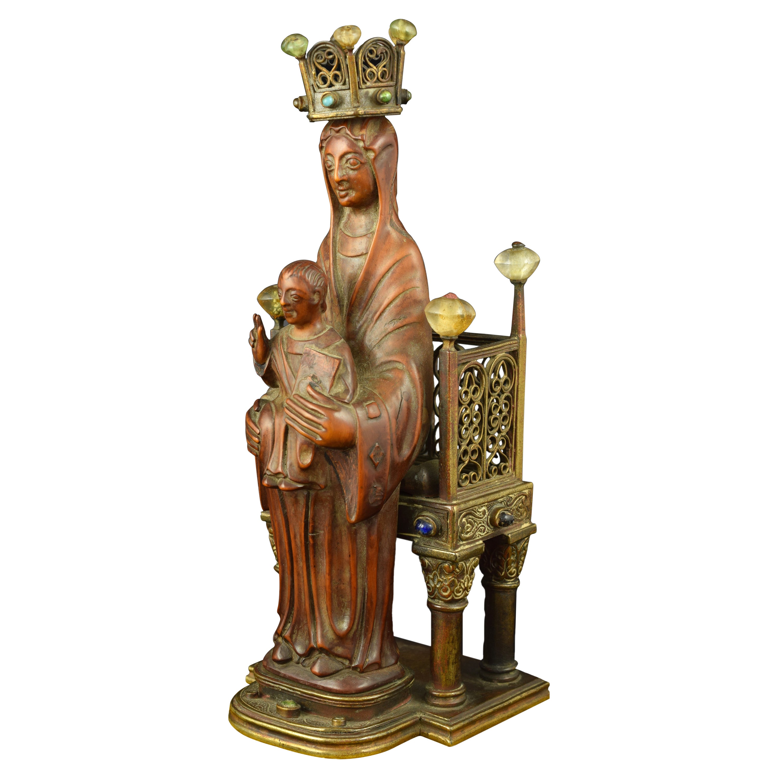 Virgin with Child Enthroned, Bois de Bois, Bronze et Cristal de roche Sculpté, 19ème Siècle en vente