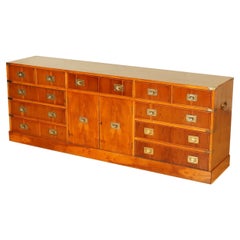 Impressive Burr Yew Wood & Brass Military Campaign Sideboard Chest of Drawers
