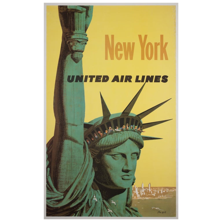United Air Lines 1960s New York Travel Poster, Galli, Linen Backed For Sale