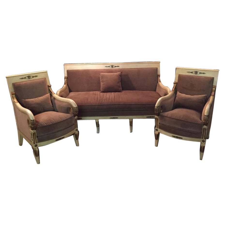 20th Century French antique Empire style set with Two Armchairs and sofa beech