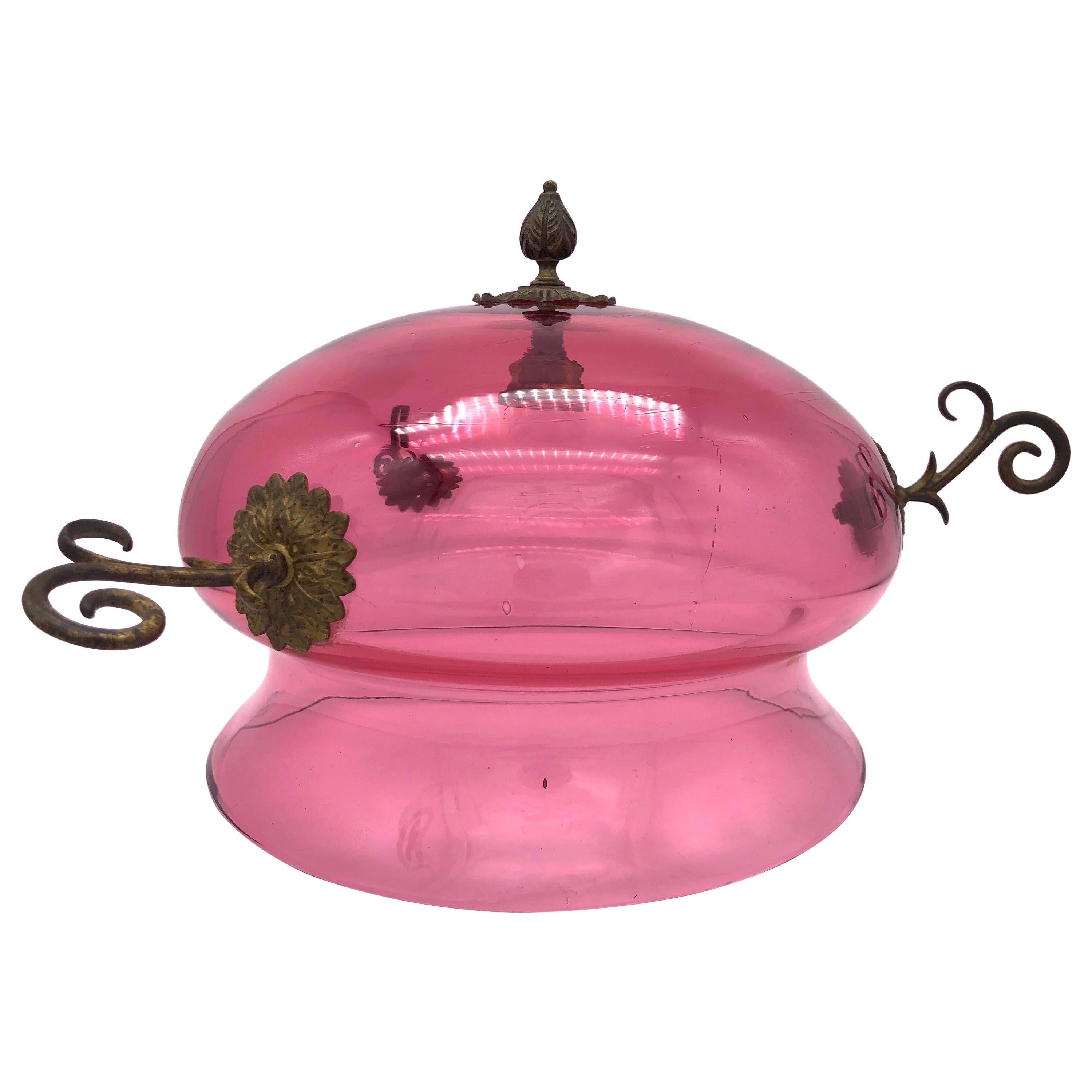 Antique Biedermeier Ruby Glass Brass Ceiling Light for Candles For Sale