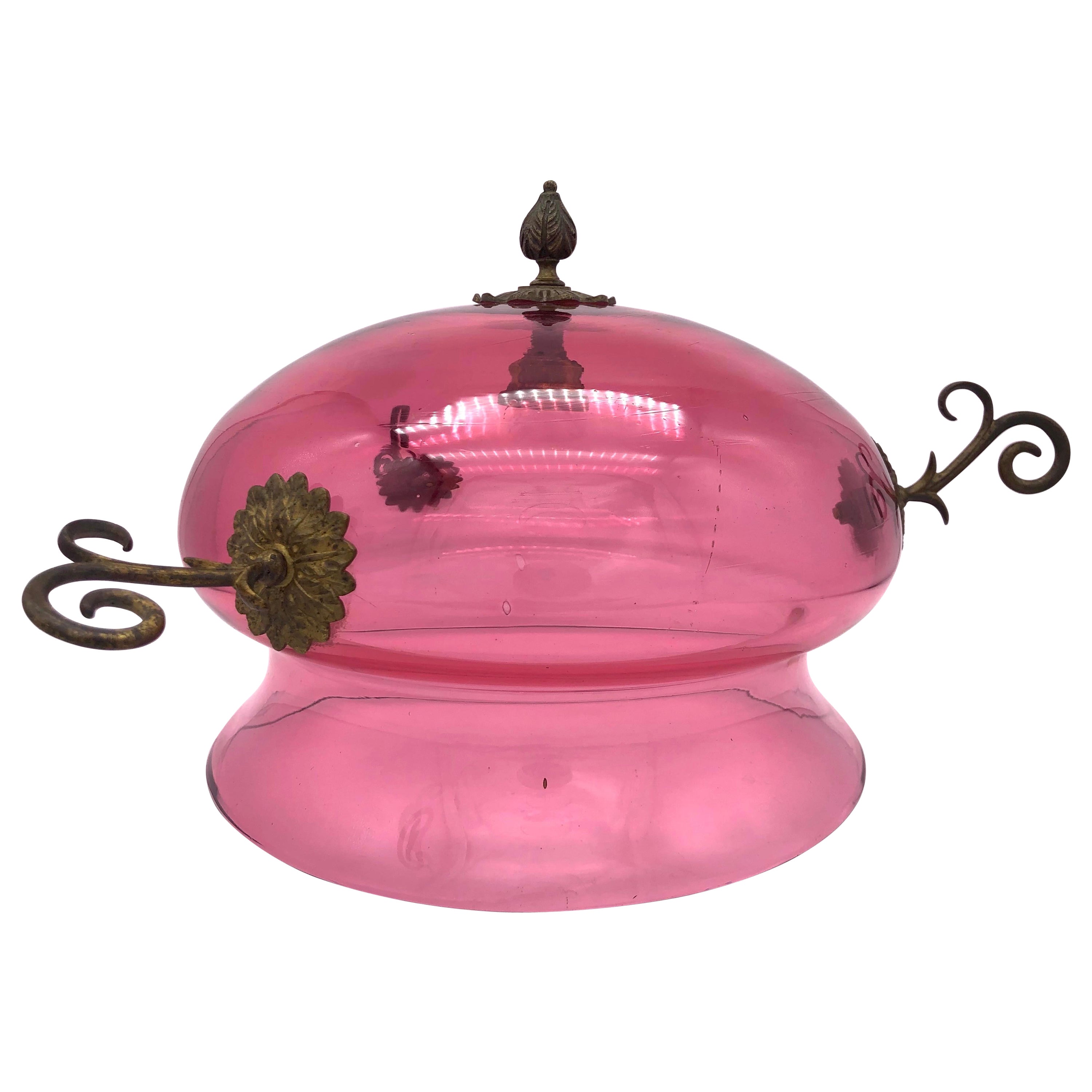 Antique Biedermeier Ruby Glass Brass Ceiling Light for Candles