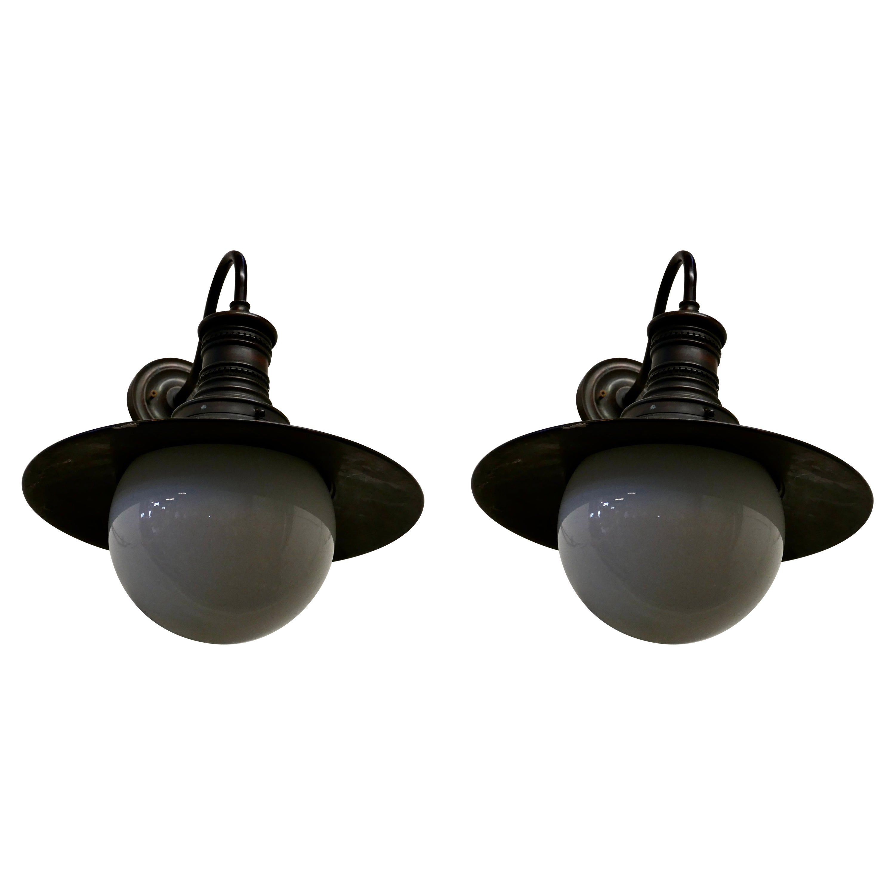 Pair of Large Copper and Globe Industrial Wall Lights For Sale