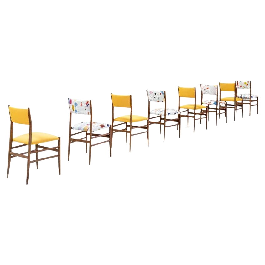 Midcentury Gio Ponti Set of Twelve Leggera by Cassina Wood Linen Italian Chairs For Sale