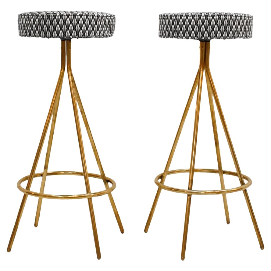 Pair of Midcentury Style Circular Italian Bar-Stools Upholstered in Dedar Fabric For Sale