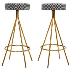 Pair of Midcentury Style Circular Italian Bar-Stools Upholstered in Dedar Fabric