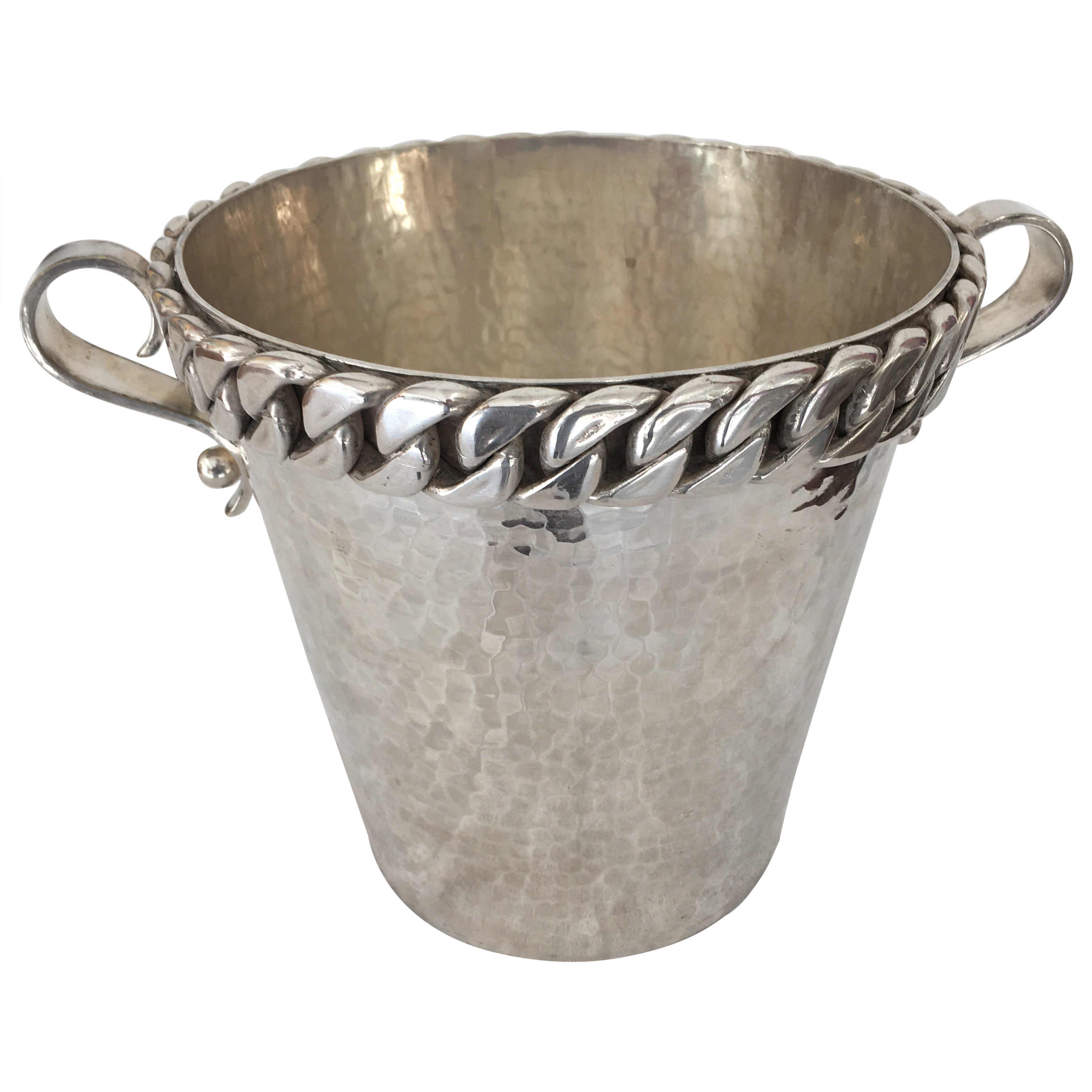 Signed Jean Després Hammered Midcentury Bronze Silver Plated  Bottle Bucket  For Sale