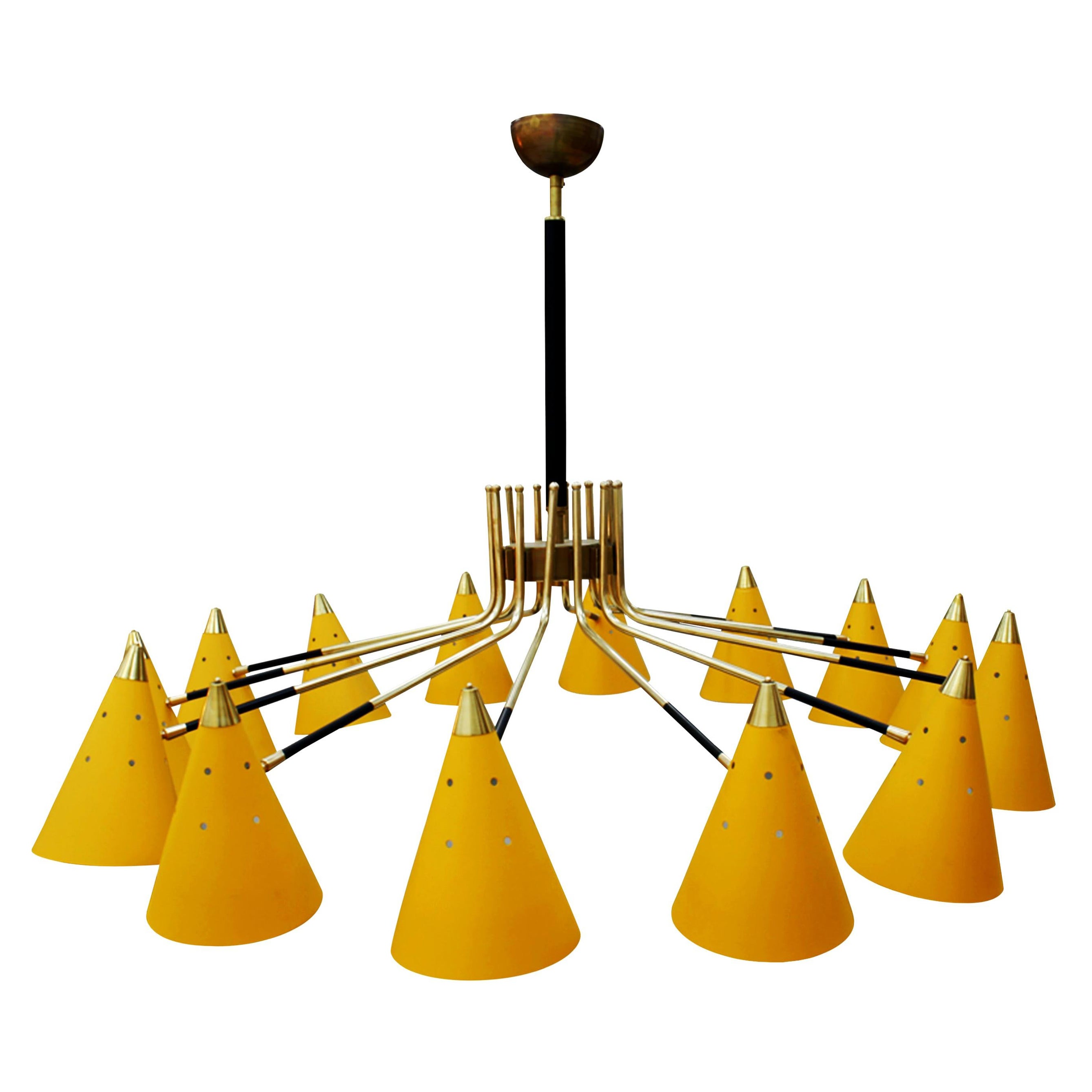 Mid-Century Modern Italian Yellow Lacquered Metal and Brass Pendant Lamp