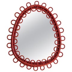 Italian Designer, Wall Mirror, Red paint Rattan, Mirror Glass, Italy, 1960s