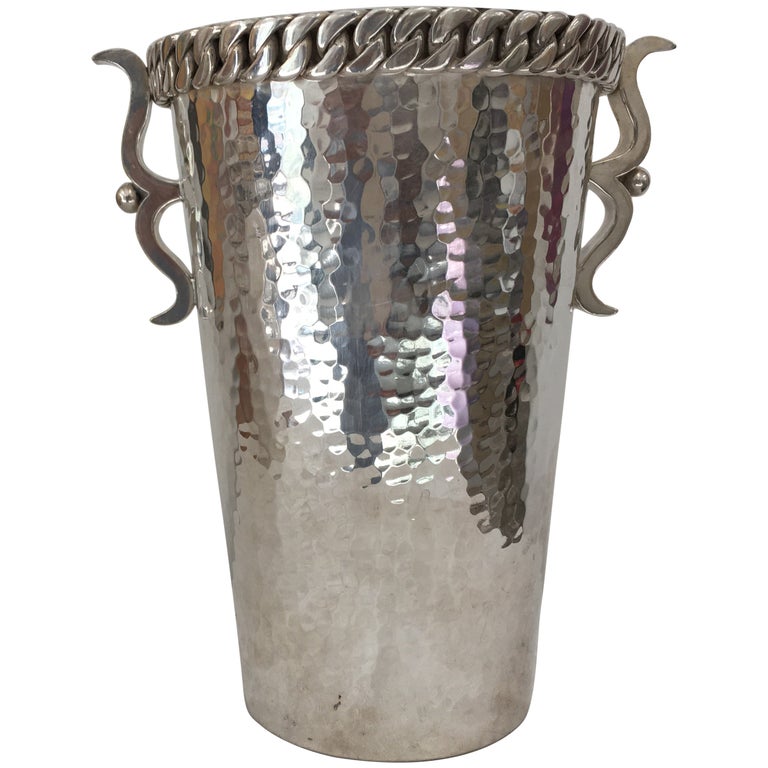 Art Deco St Bronze Hammered Silver Plated Wine Bottle Bucket by Jean Despres For Sale