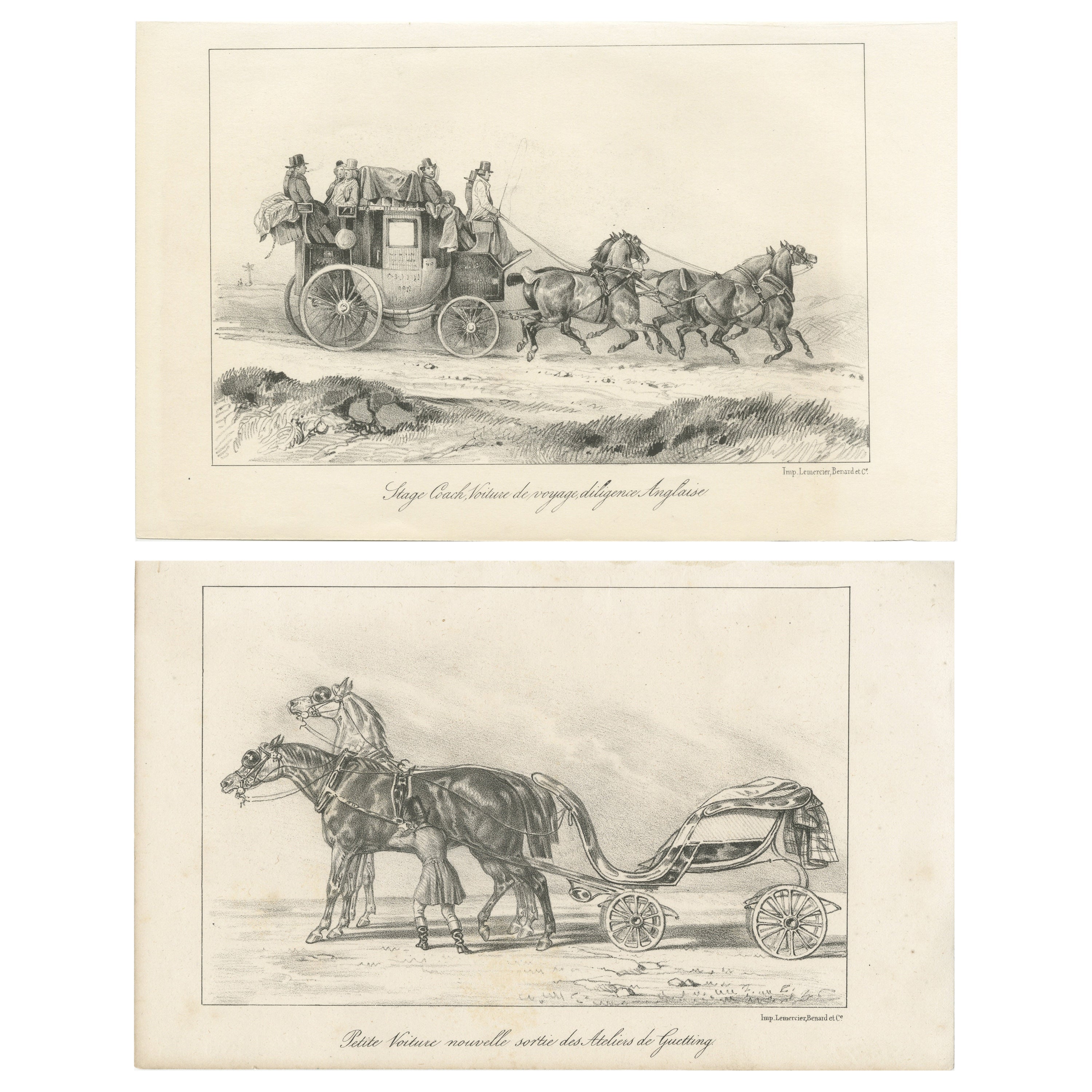 Set of 2 Antique Prints of Horse and Carriage by Lemercier 'c.1835'