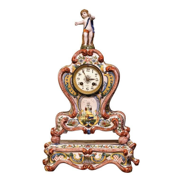19th Century French Louis XV Hand Painted Faience Mantel Clock Signed HB Quimper For Sale
