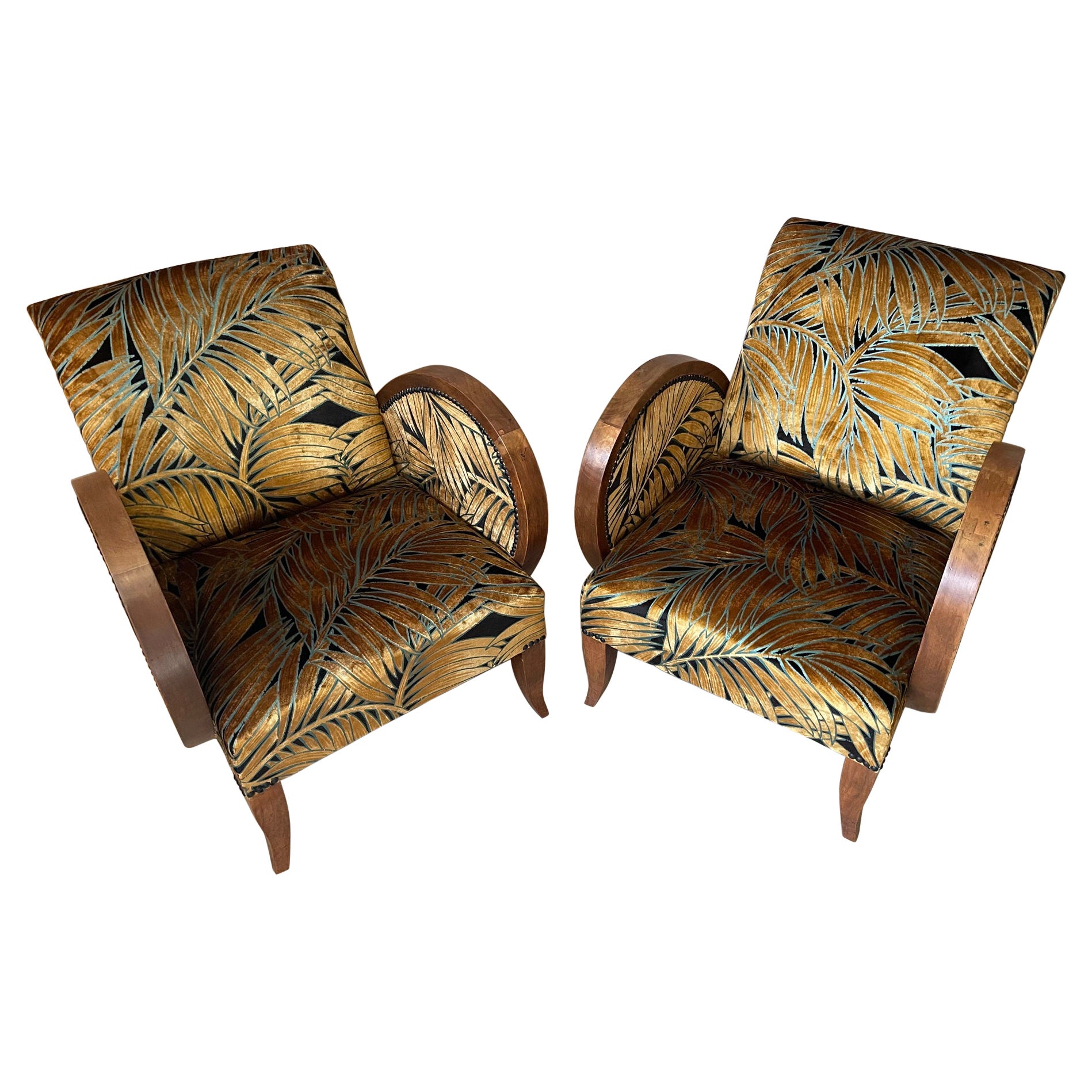 French Art Deco Reupholstered Pair of Armchairs, 1930s