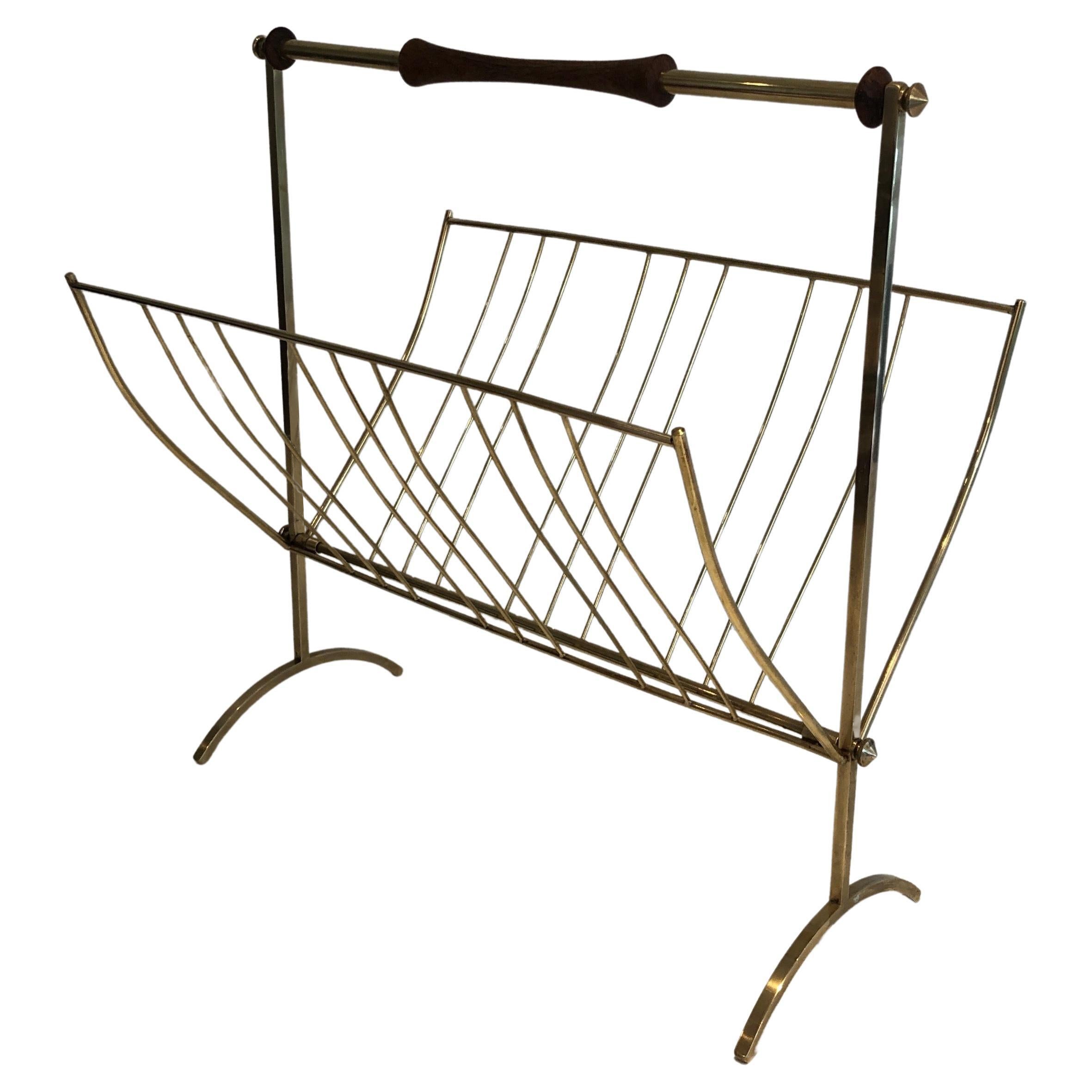 in the Style of Cesare Lacca, Brass and Wood Folding Magazine Rack, Italian, cir For Sale