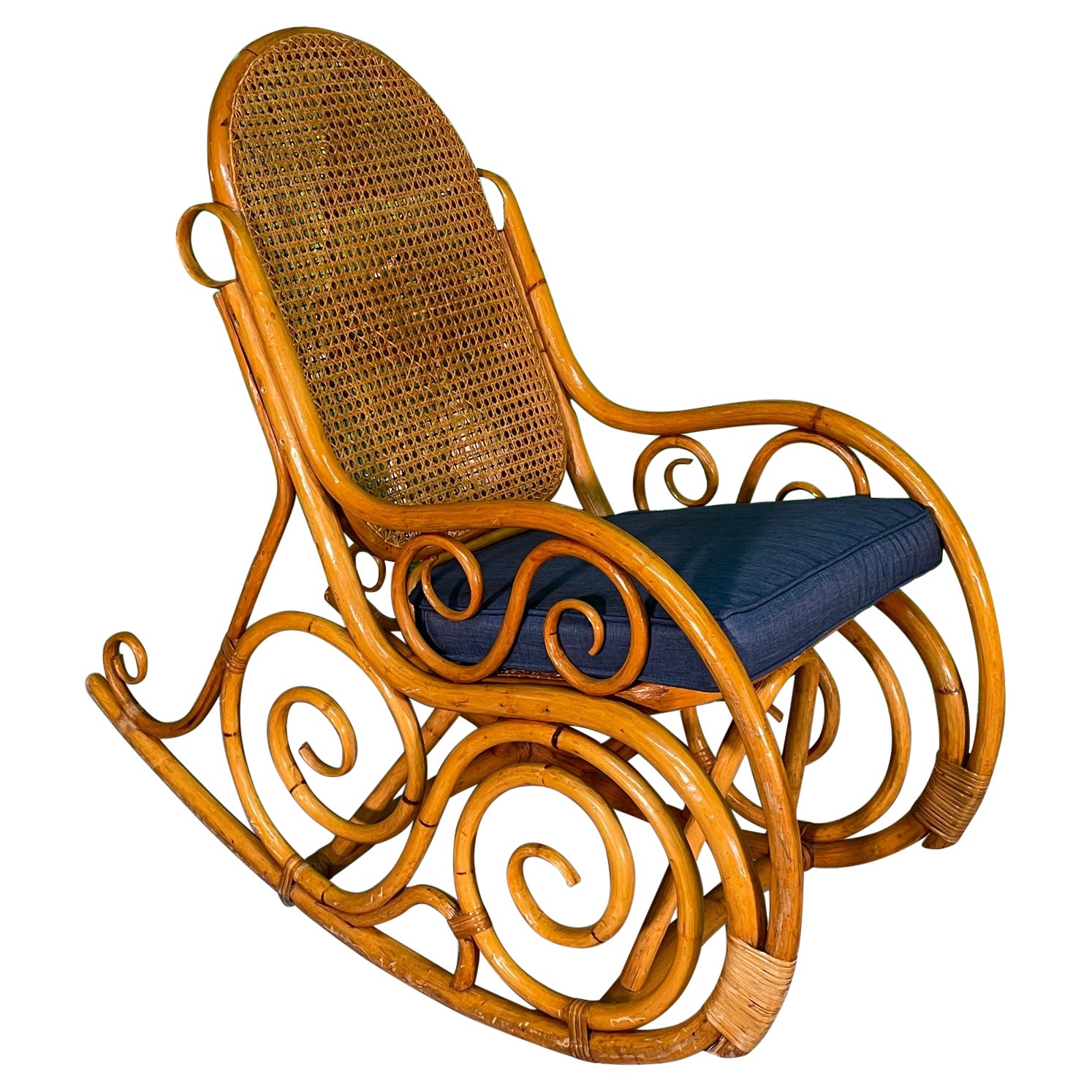 Vintage Bentwood Rattan and Cane Rocking Chair in the Manner of Thonet