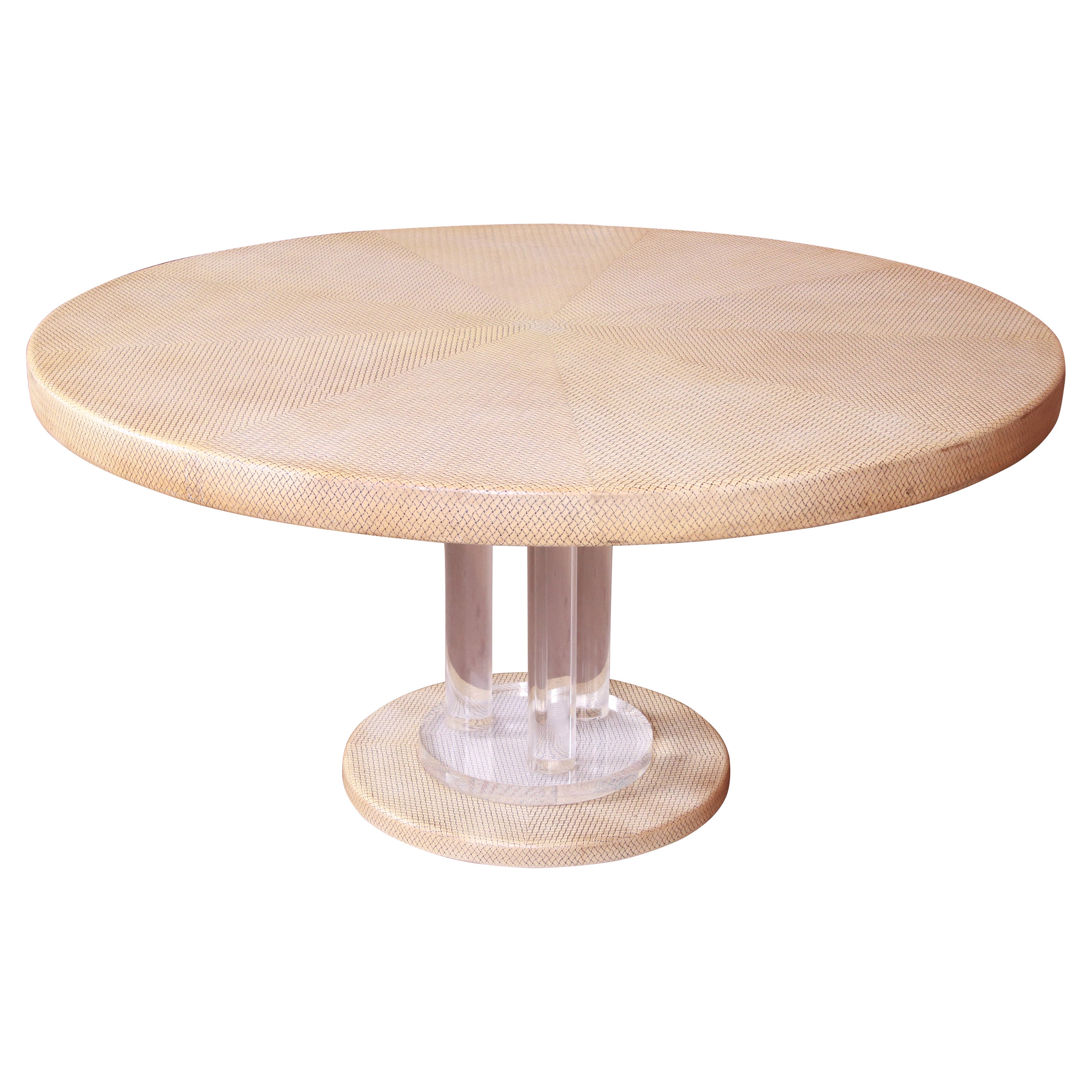 Embossed Leather and Lucite Pedestal Dining Table in the Manner of Karl Springer