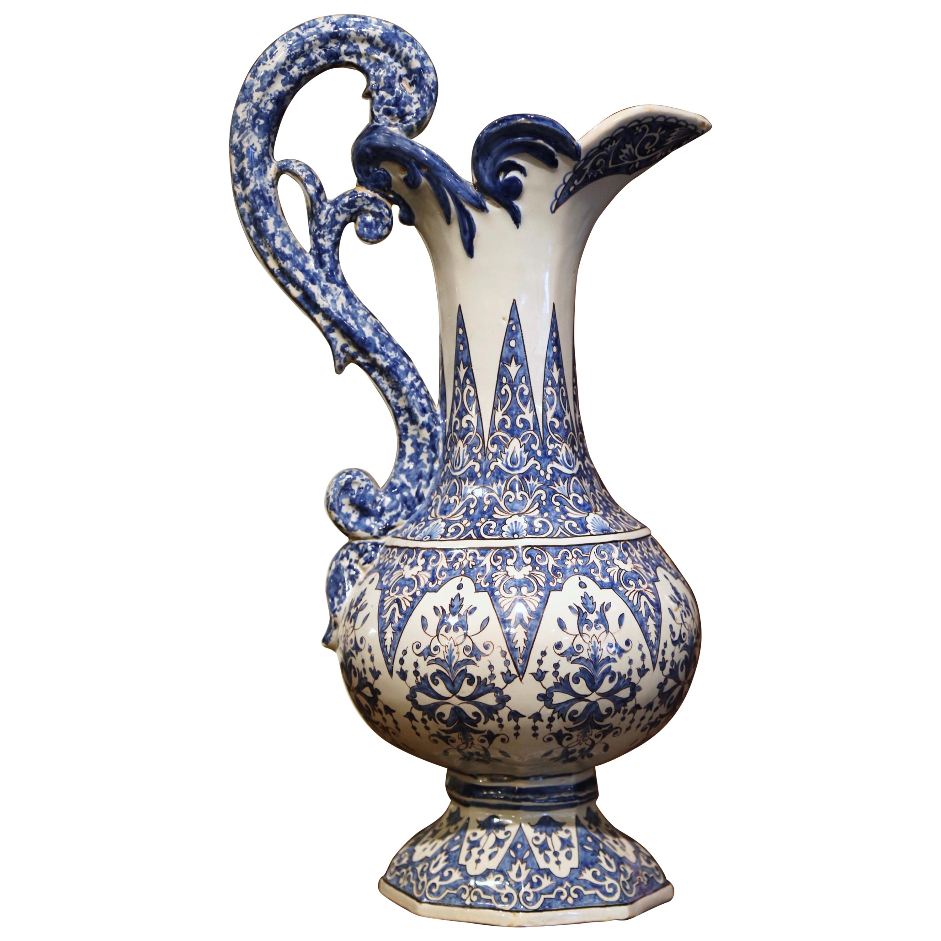 19th Century French Hand Painted Blue and White Faience Ewer Signed HR Quimper For Sale