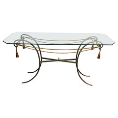 Vintage Gun Metal Console Table with Gilt Metal Garlands and Pompons and A Glass Twitop