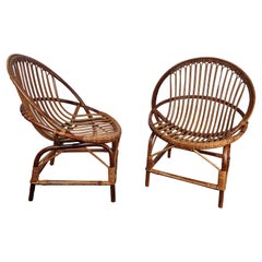 Retro Pair of 60s Italian Bent Bamboo Rattan Bohemian French Riviera Lounge Armchairs