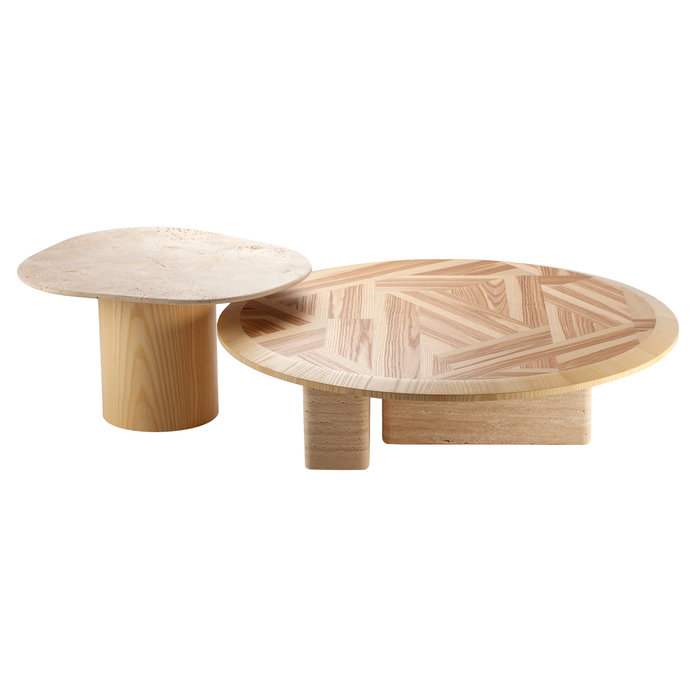 DOOQ Organic Modern Travertine and Olive Ash Portuguese Tables L'anamour For Sale