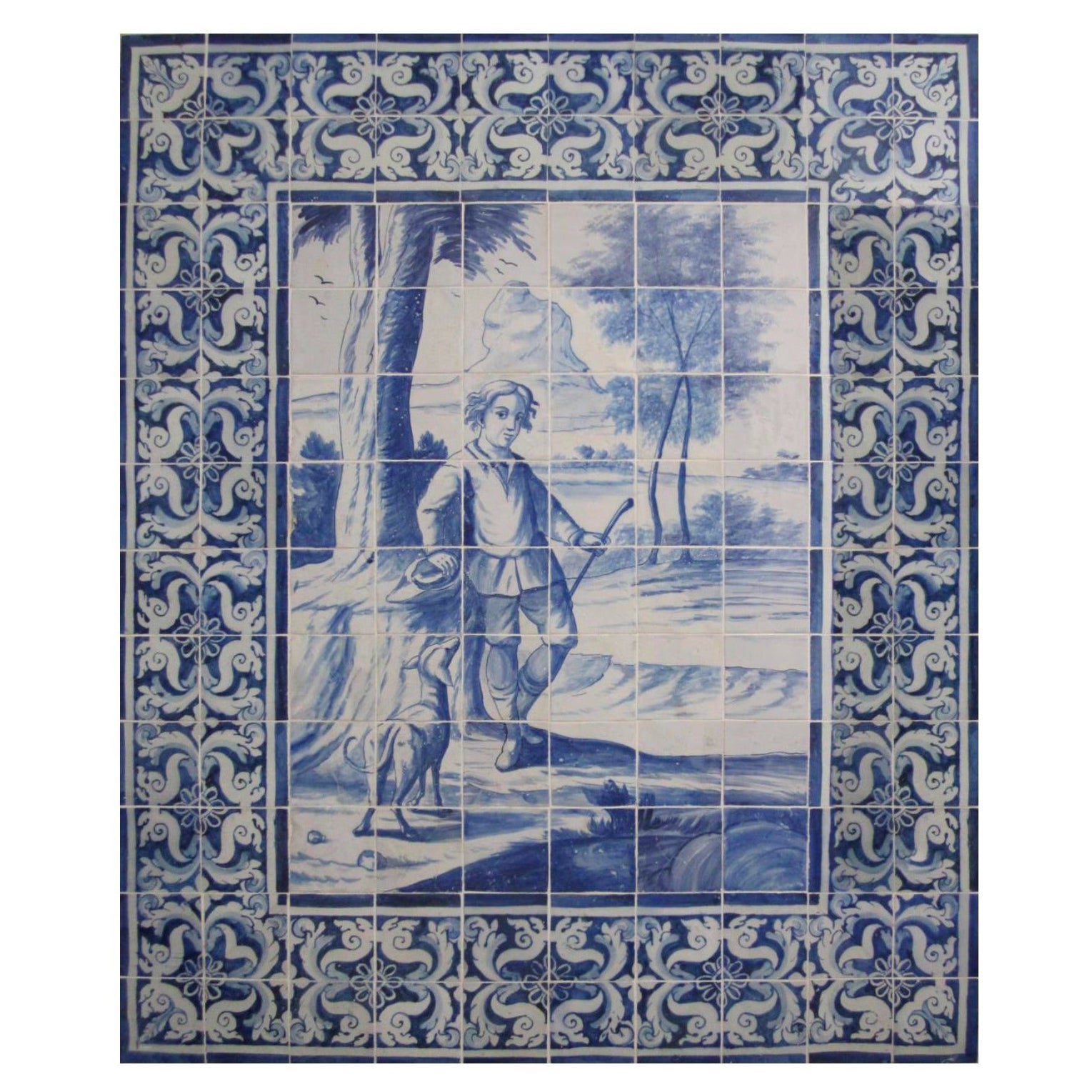 Panneau portugais du 18ème siècle « » Azulejos « » « Le garçon et le chien » en vente