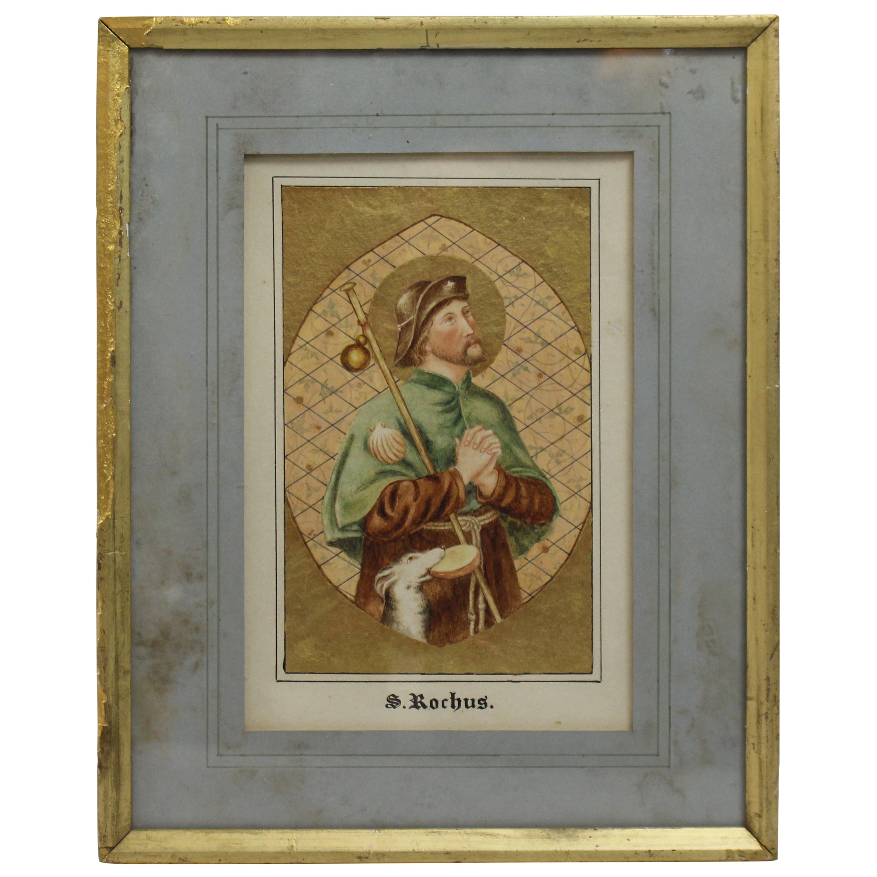 Antique Illuminated Watercolour of Saint Rochus For Sale