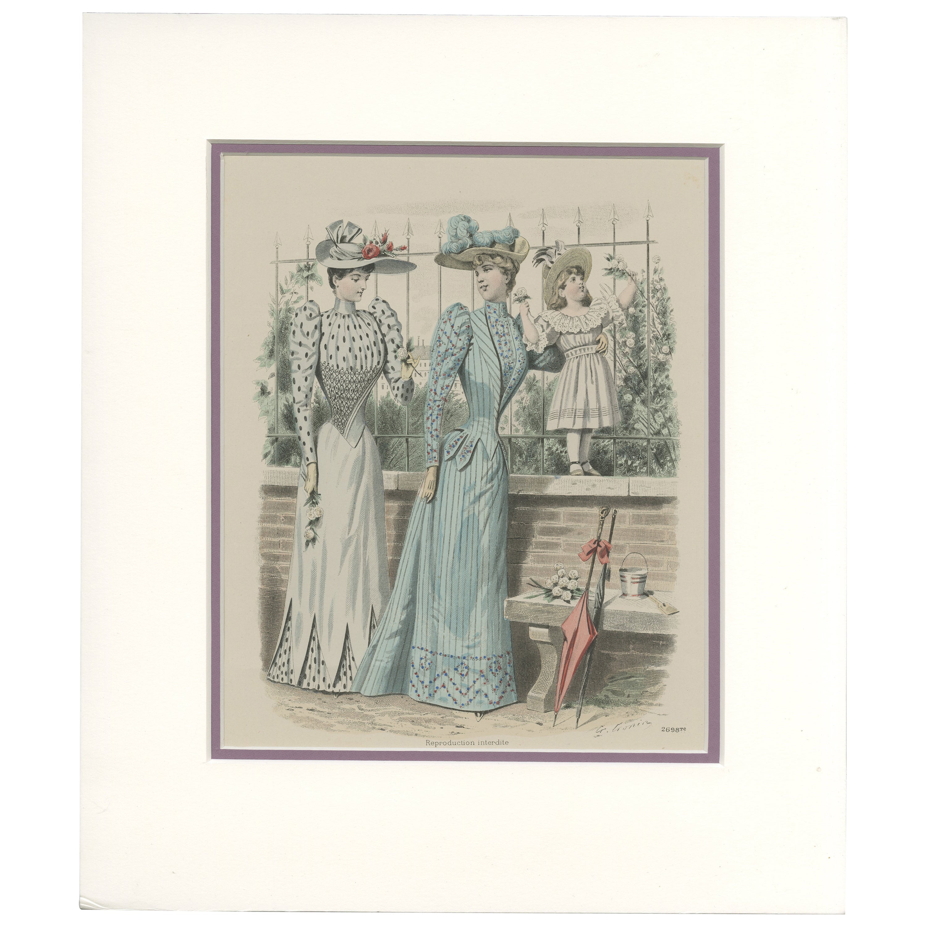 Original Old Vintage Fashion Print in Full Colors. 'c.1900'