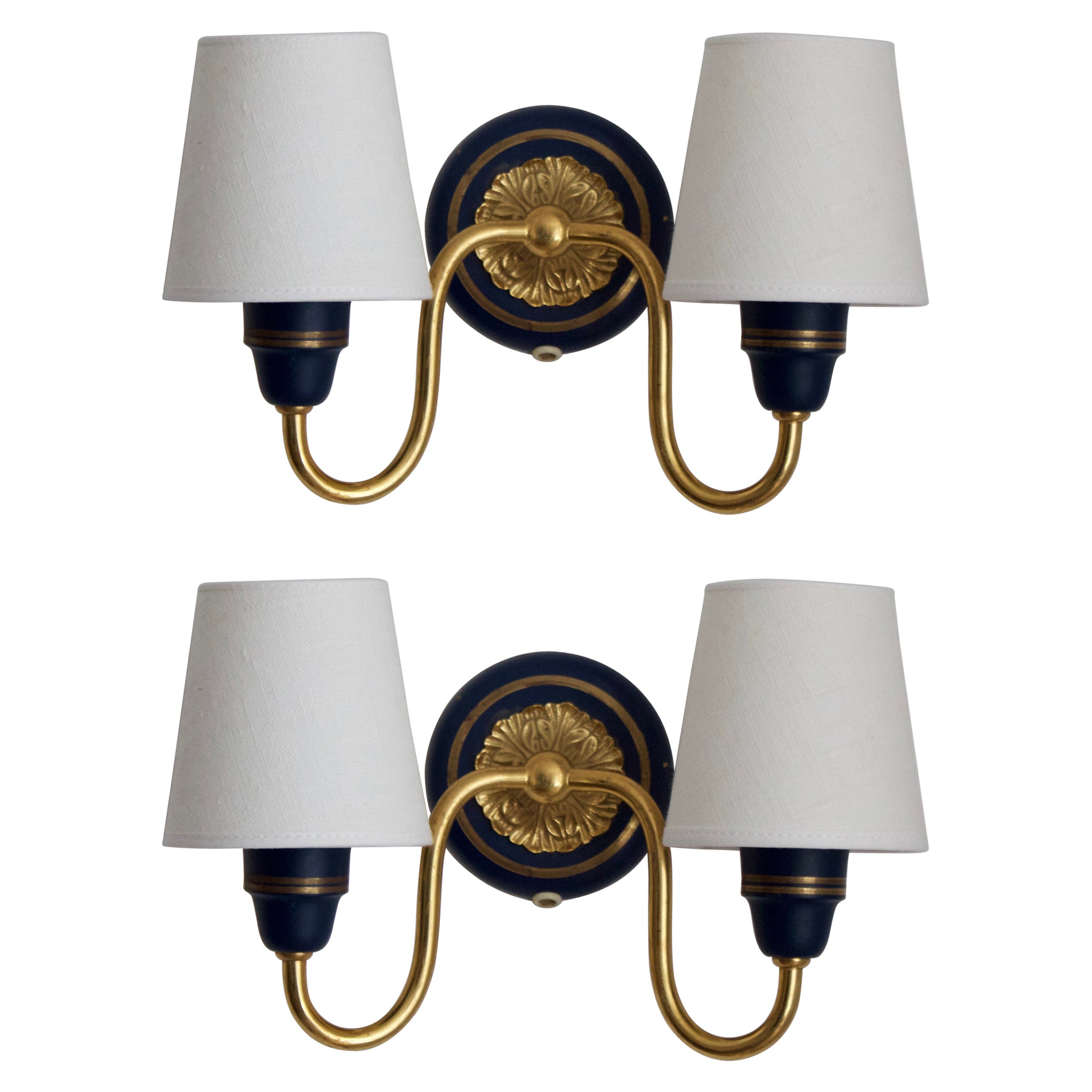 Swedish Designer, Wall Lights, Brass, Blue Lacquered Metal, Fabric, Sweden 1950s