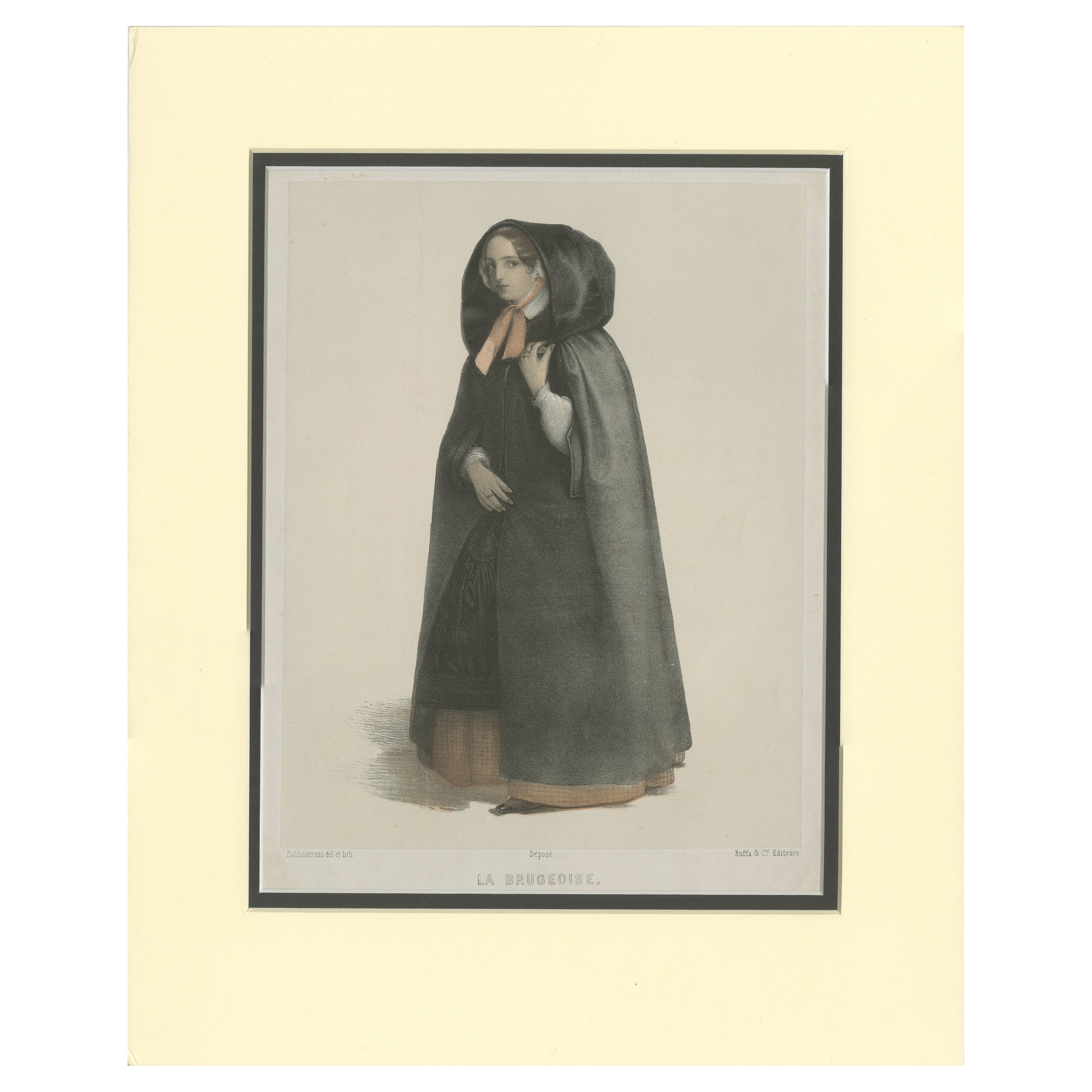 Impression ancienne d'une femme de Bruges par Buffa & Cie, vers 1845 en vente