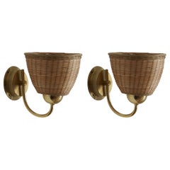 Ewå Värnamo, Wall lights / Sconces, Brass, Rattan, Sweden, 1960s