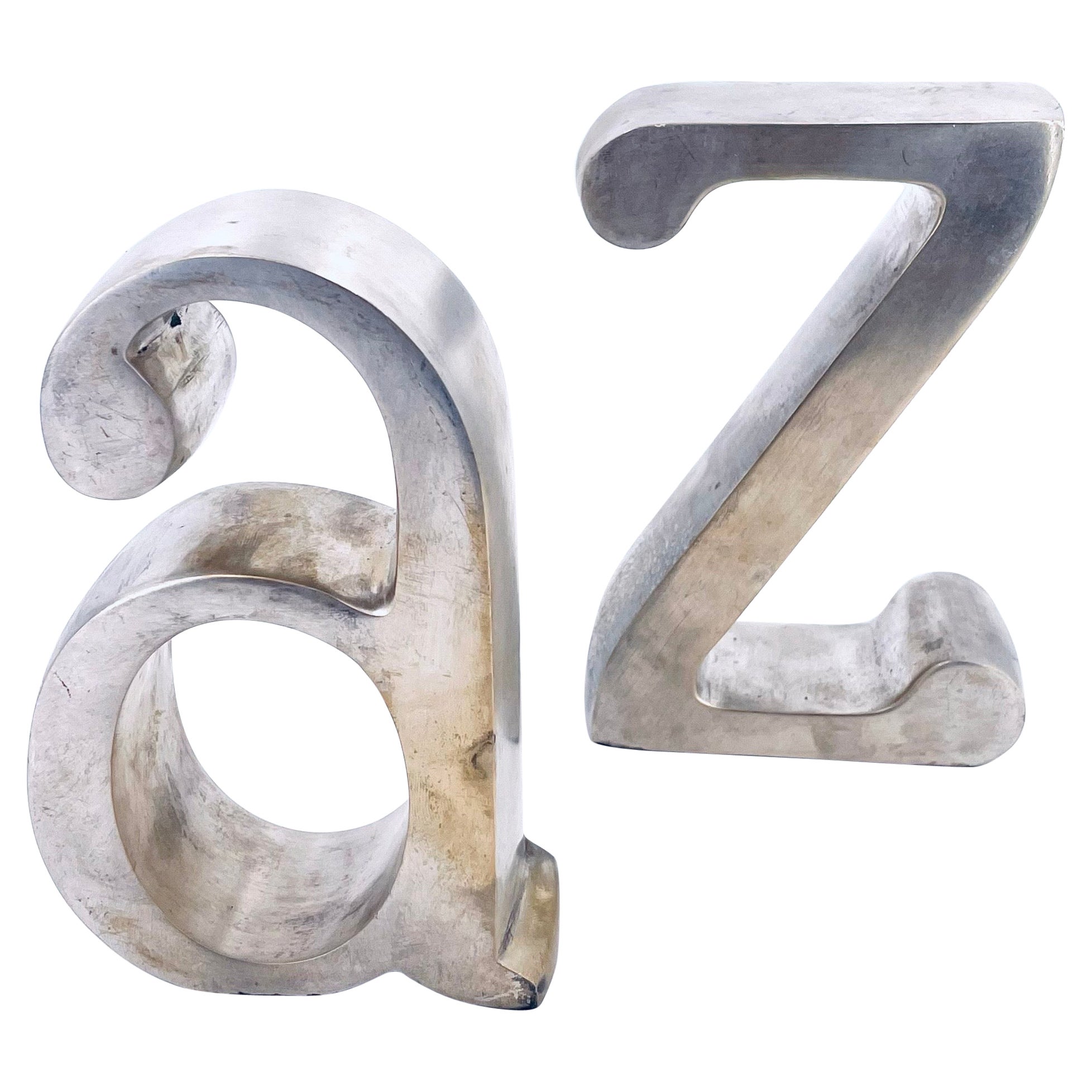 Pair of "A to Z" Bookends in the Style of Curtis Jere in Brushed Steel