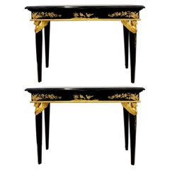 Pair of Hollywood Regency Style Console Sofa Tables Ebony and Gilt Decorated