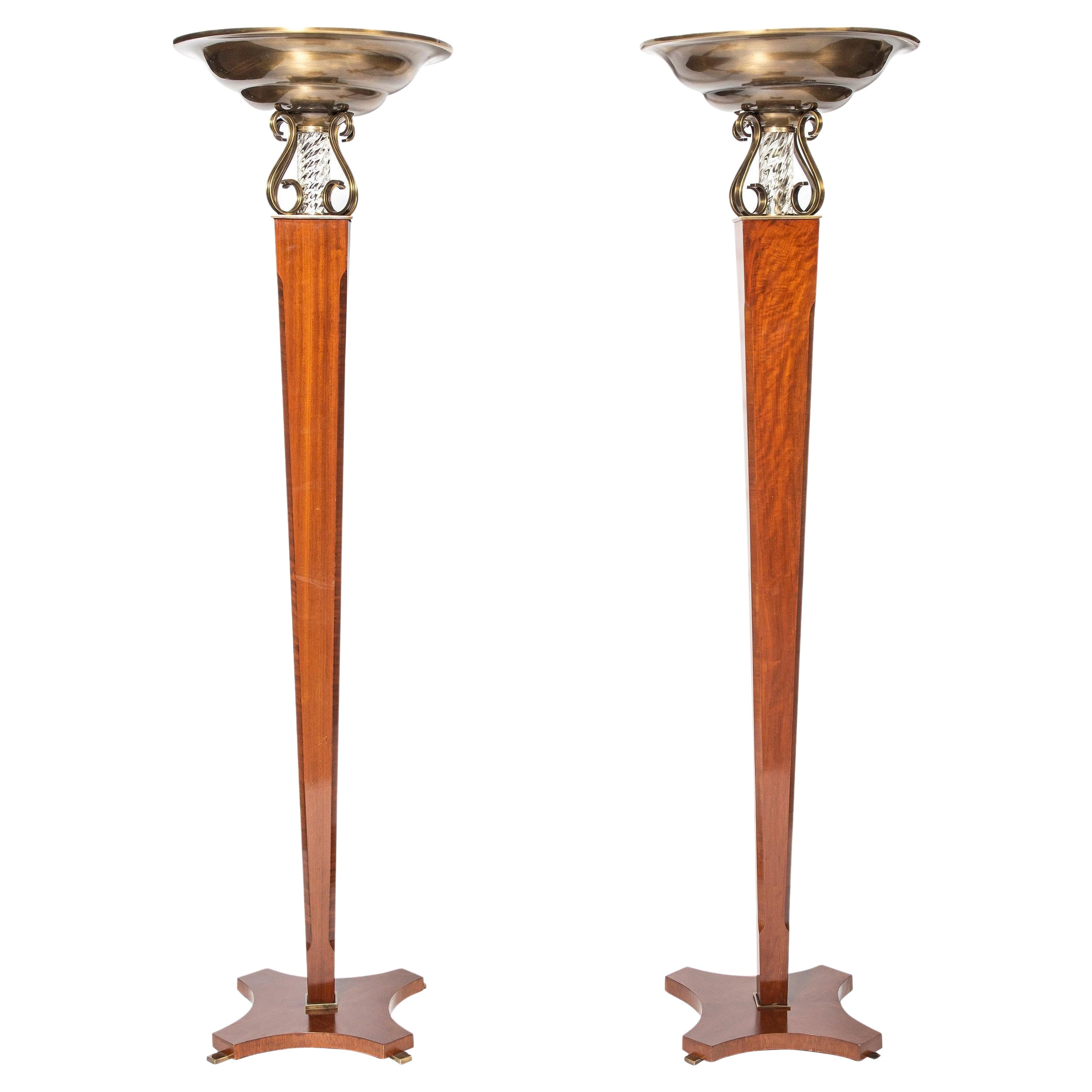 Pair of Wood, Bronze and Glass Floor Lamps, Argentina circa 1950 For Sale