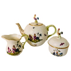 Whimsical Herend Chanticleer Teapot, Sugar and Creamer with Figural Chicken Tops