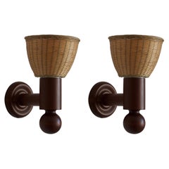 Uno Kristiansson, Wall Lights, Stained Pine, Rattan, Luxus, Sweden, 1960s
