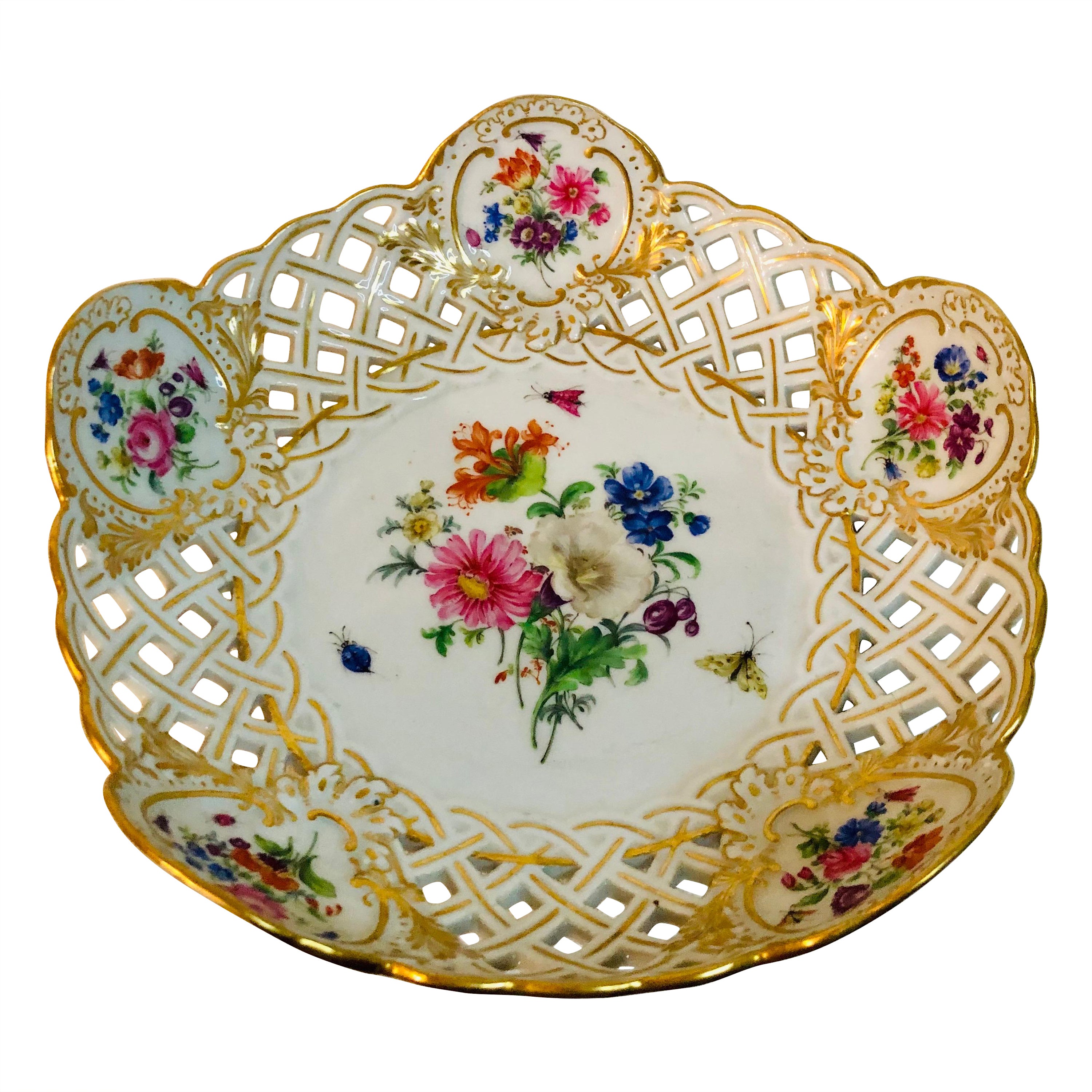 Meissen Reticulated and Fluted Bowl With central Flower Bouquet and Insects