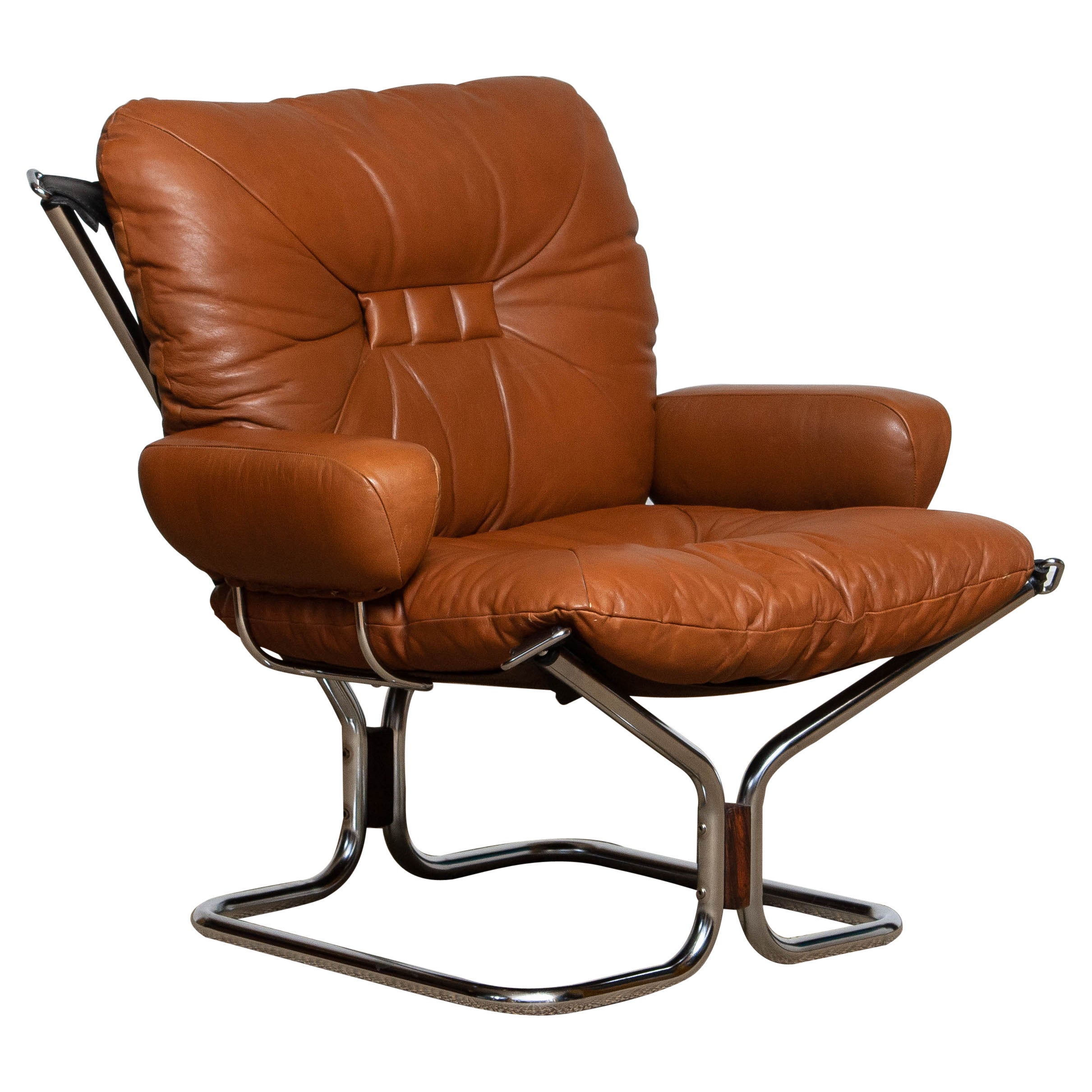 1970's Cognac Leather and Chrome Lounge Chair by Harald Relling for Westnofa