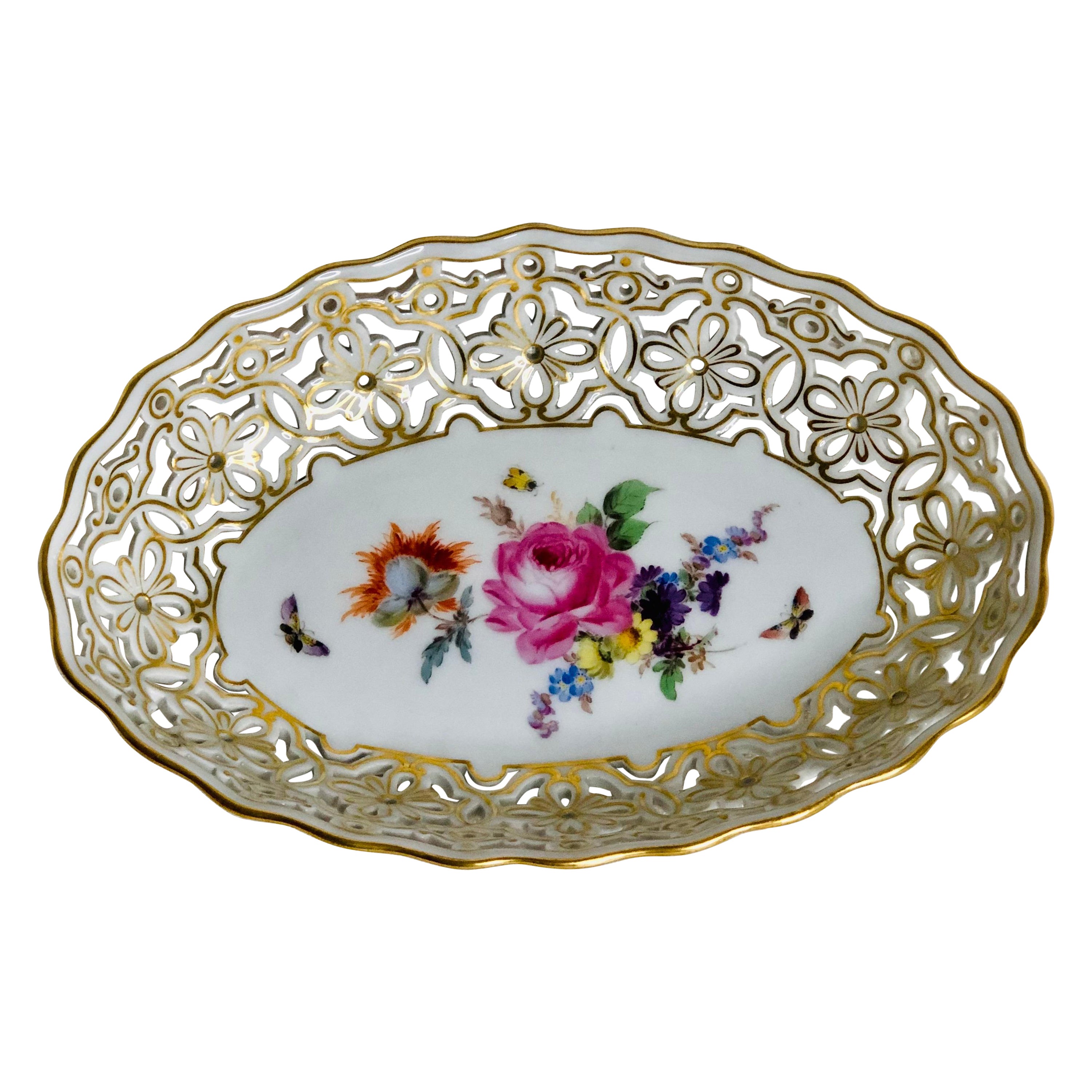 Meissen Reticulated Bowl With Flower Bouquet & Accents of Butterflies & Insects